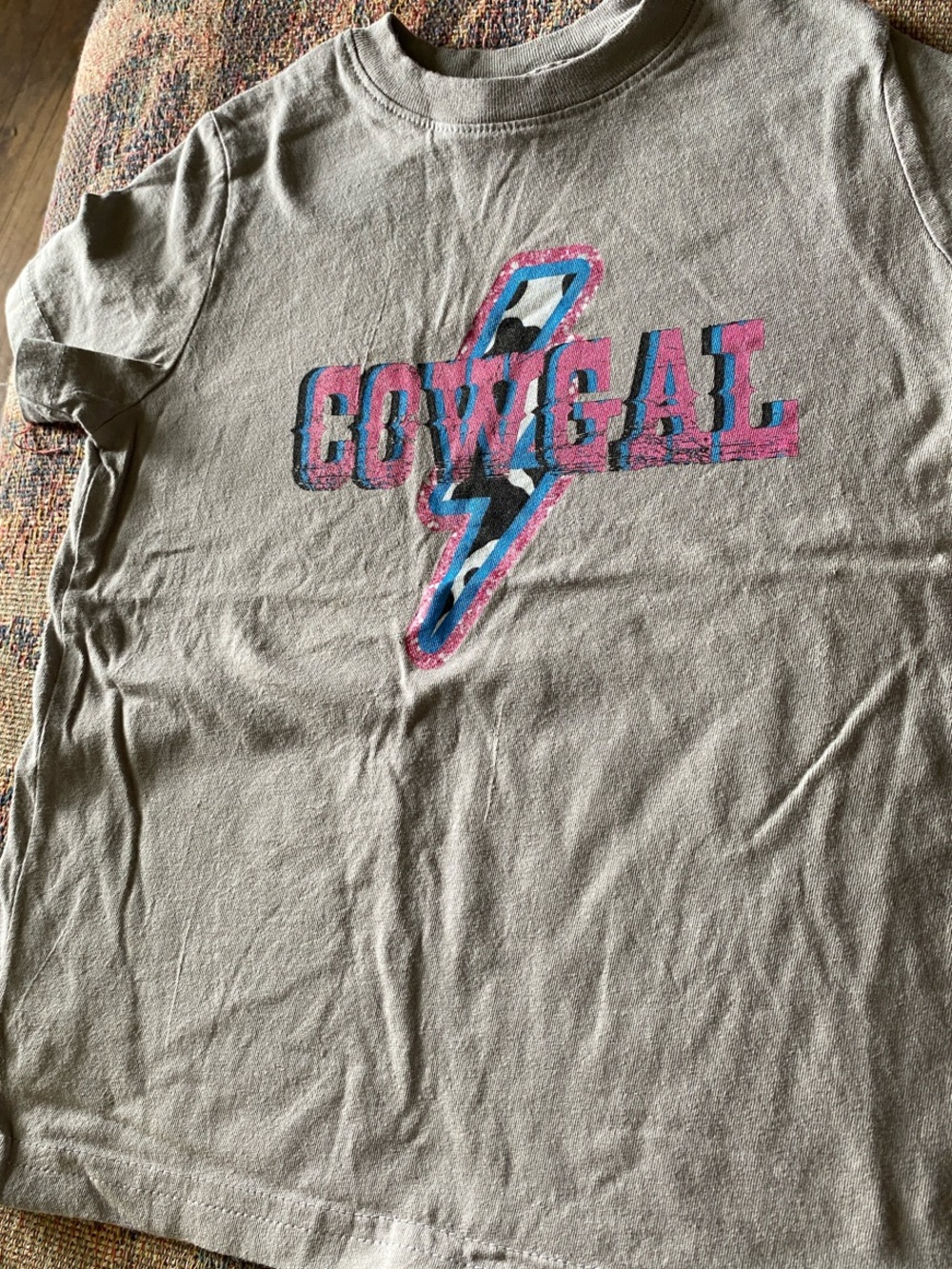 Rabbit skins COWGAL Graphic Tee in Taupe with Pink & Blue LIGHTENING BOLT